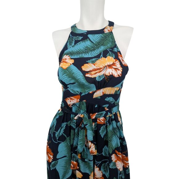 Aakaa Tropical Halter Maxi Dress Women Size XS Floral Open Back Resort Coastal - Picture 7 of 14